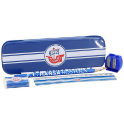 FC Hansa Rostock Schulset 6-teilig mit Lineal Anspitzer Radiergummi Metallbox und Bleistiften FCH