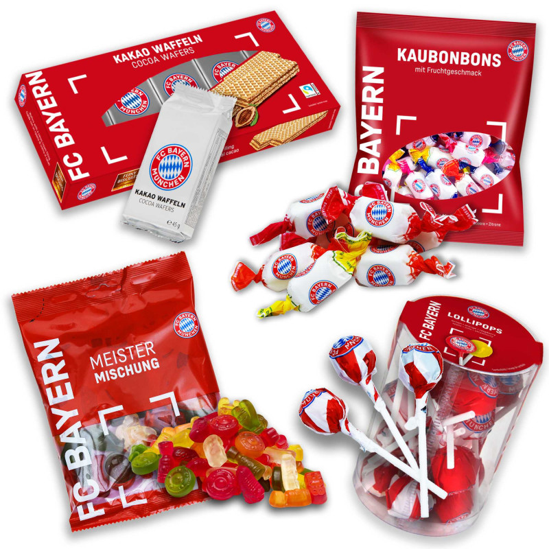 FC Bayern München Süßigkeiten Fan-Set: Gummibärchen + Waffeln + Lollipops + Bonbon