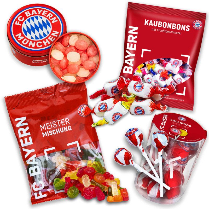 FC Bayern München Süßigkeiten Fan-Set: Bonbon 200g+Gummibärchen 200g+Lollipops 150g+Kaubonbon 200g FCB