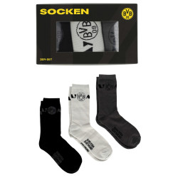Borussia Dortmund Socken 3er Set Geschenkset Gr. 35-38 | Weiß-Grau-Schwarz | BVB 09