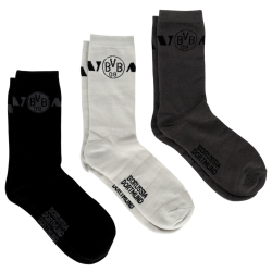 Borussia Dortmund Socken 3er Set Geschenkset Gr. 39-42 | Weiß-Grau-Schwarz | BVB 09