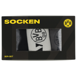 Borussia Dortmund Socken 3er Set Geschenkset Gr. 39-42 | Weiß-Grau-Schwarz | BVB 09