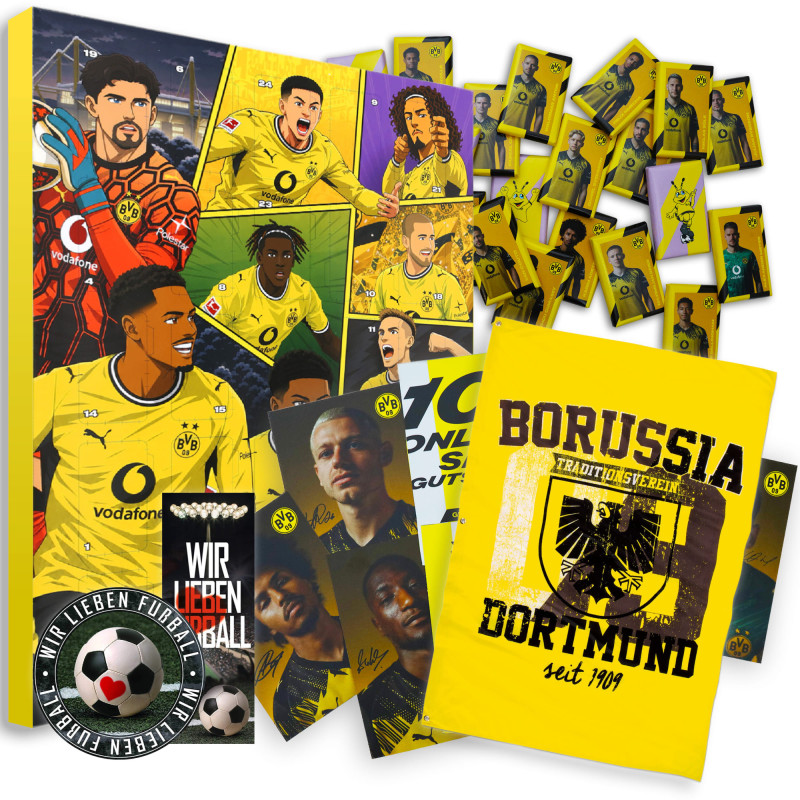 Borussia Dortmund Adventskalender mit Autogrammkarten und Poster - Plus BVB-Hissfahne Stadtwappen