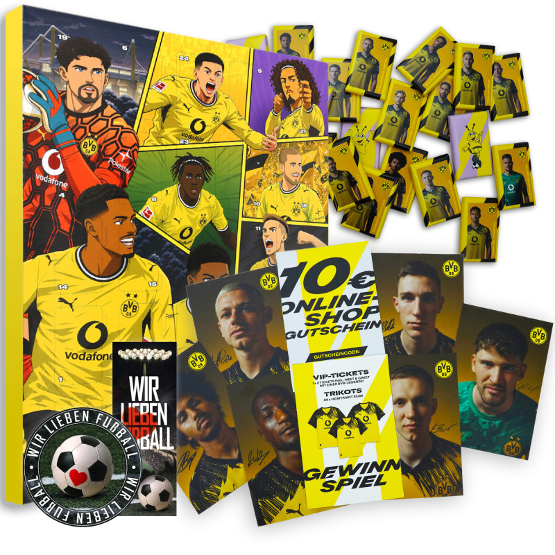 Borussia Dortmund Schokoladen Adventskalender mit Autogrammkarten & Poster - Plus Aufkleber & Lesezeichen