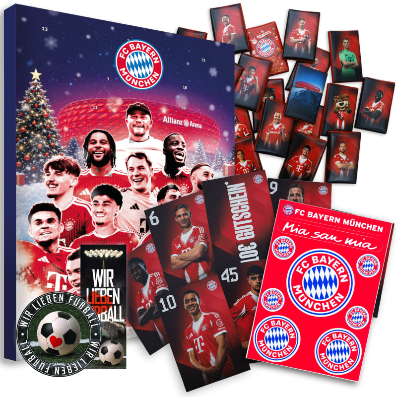 FC Bayern München Schokoladen Adventskalender mit Autogrammkarten der FCB Stars & Aufkleberkarte