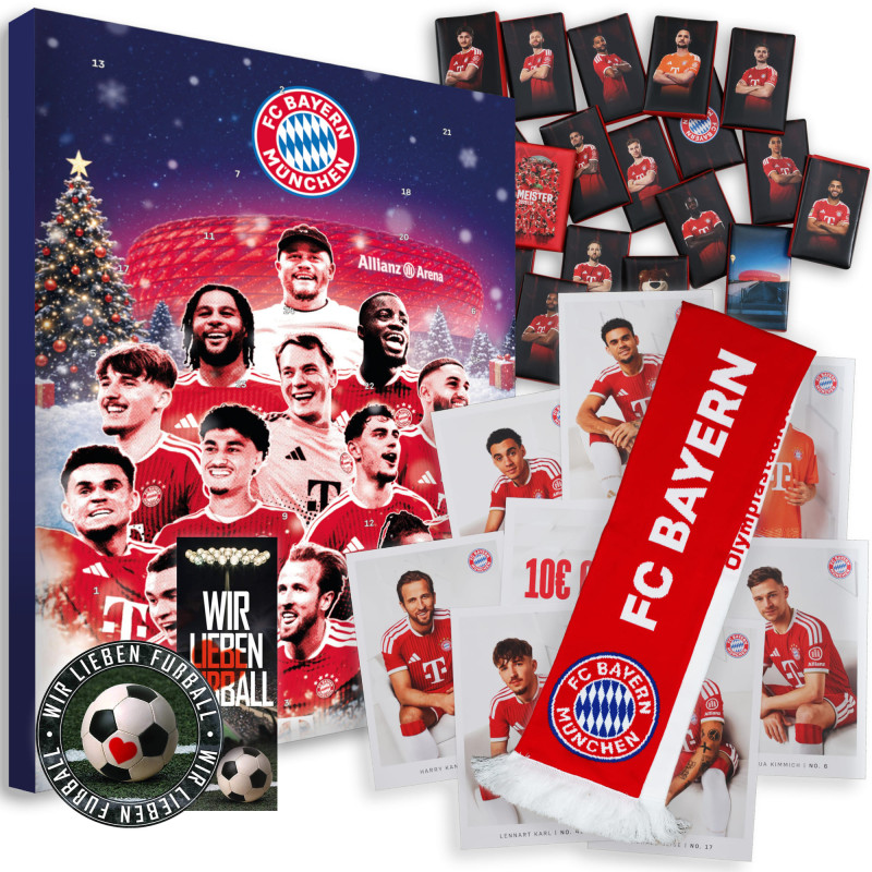 FC Bayern München Adventskalender mit Autogrammkarten & Poster - Plus Schal Rot-Weiß