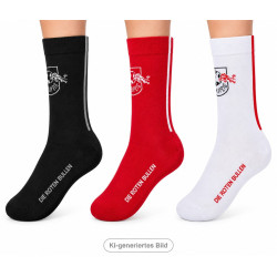 RB Leipzig 3er Set Socken Logo mit Kontraststreifen | Rot-Weiß-Schwarz | RBL - Gr. 35-38 bis 43-46