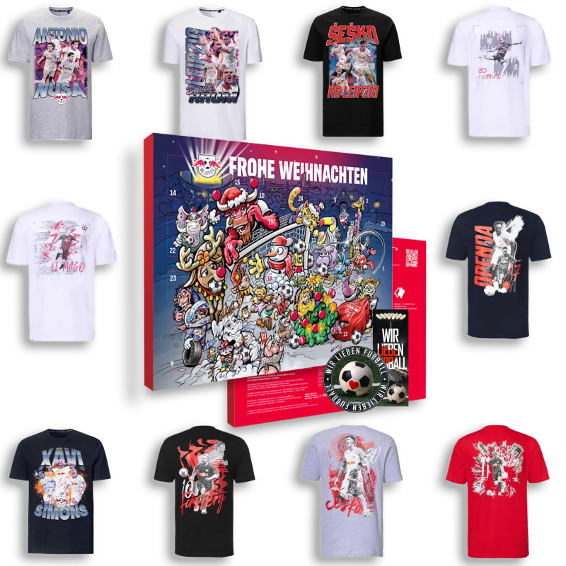 RB Leipzig Adventskalender Schoko gefüllt + RBL Spieler T-Shirt (116 bis 3XL)
