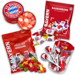 FC Bayern München Süßigkeiten Fan-Set: Bonbon 200g+Gummibärchen 200g+Lollipops 150g+Kaubonbon 200g FCB