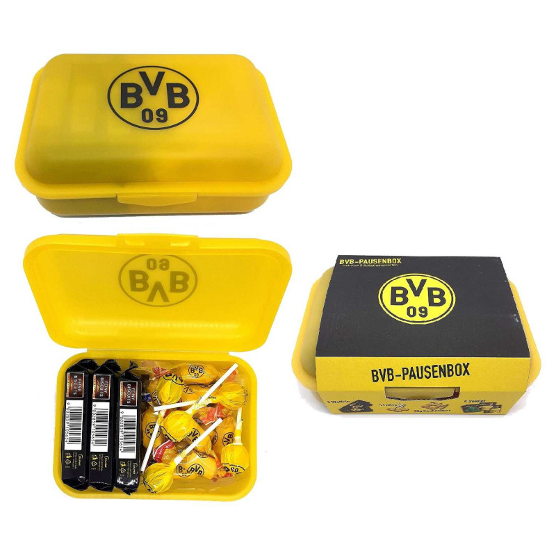 Borussia Dortmund Brotdose gefüllt mit Süßigkeiten + 3er Logo-Sticker BVB 09